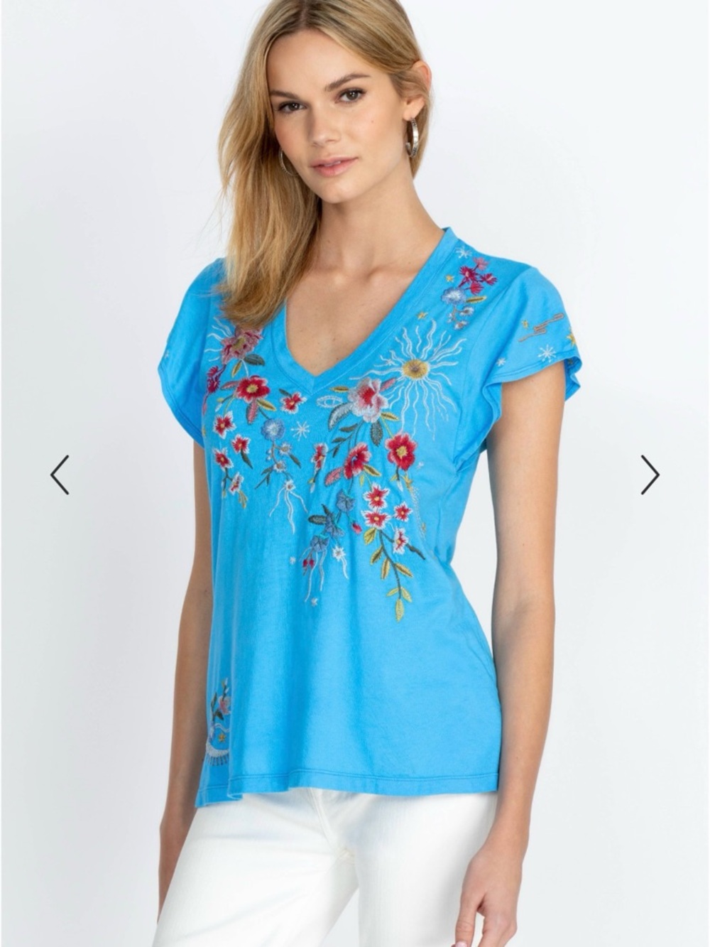 Johnny Was Lissa Flutter Sleeve Tee Blue Embroidered - Size XS - Picture 11 of 13